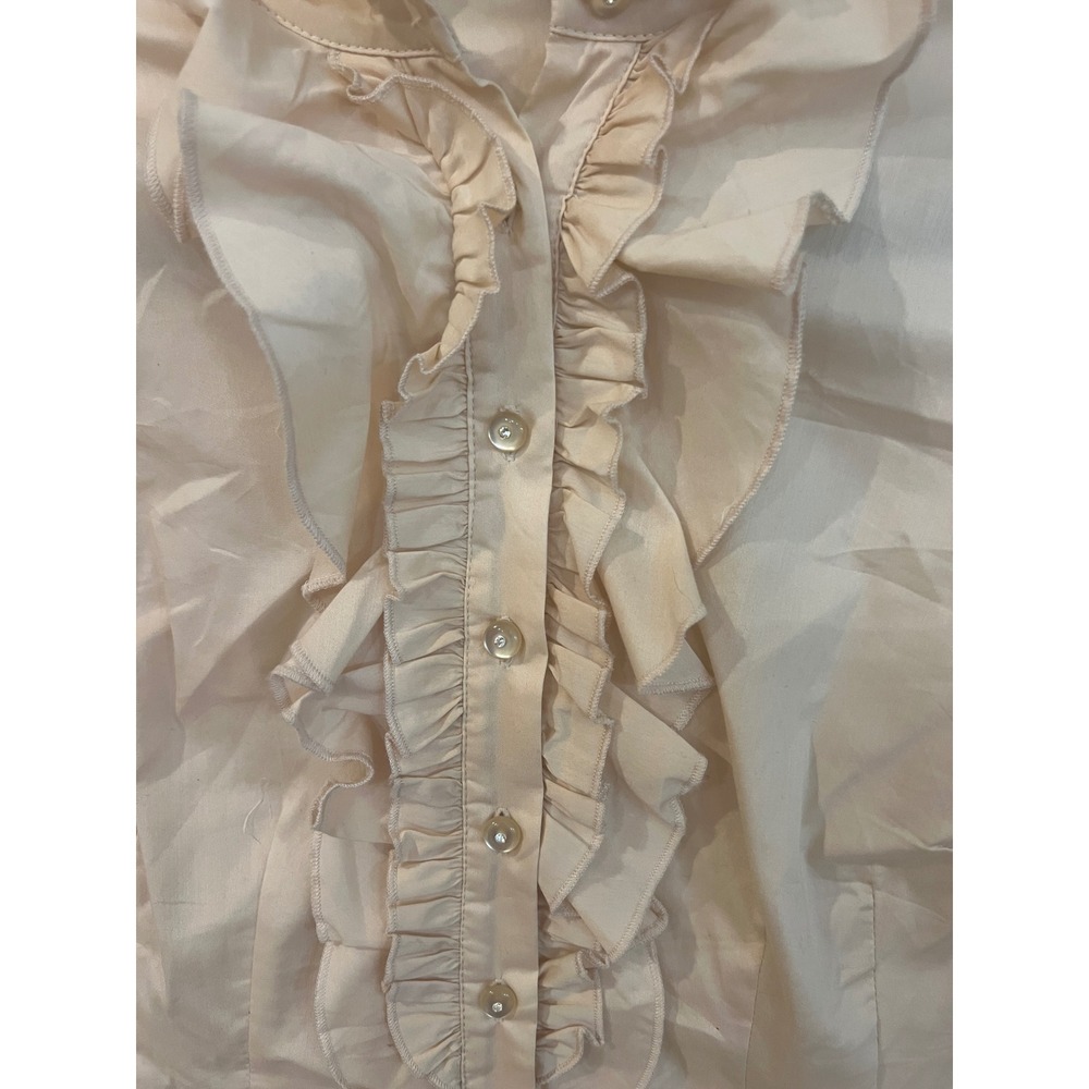 Vtg Bebe Women Ivory Ruffle High Neck Puff Sleeve Button Down Blouse Small - Picture 4 of 9